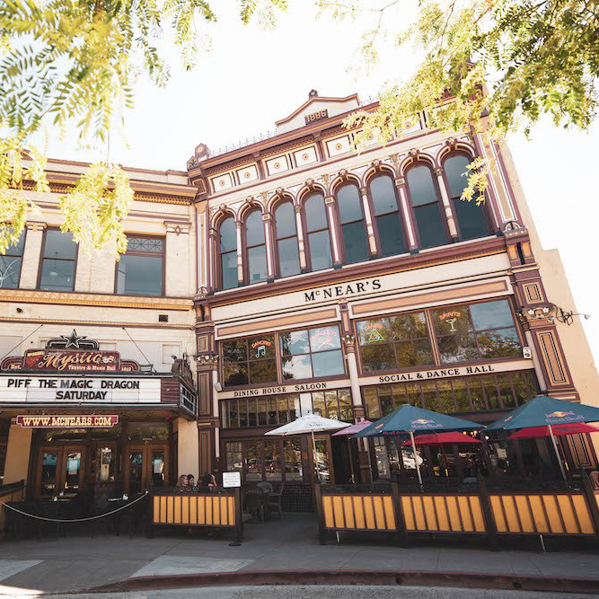 exterior of the outdoor patio of McNear's Saloon in downtown Petaluma, Ca